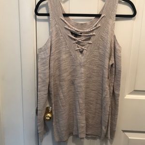Tan off should lace up sweater